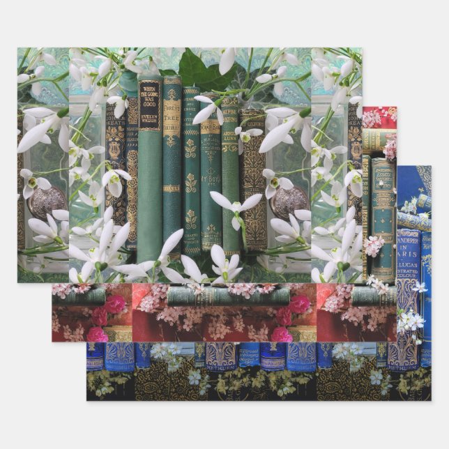 Old Book Spines & Blossoms Wrapping Paper Sheet (Set)