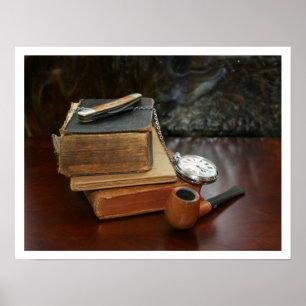 Old Books, Pipe, Watch and Pocket Knife Still Life Poster