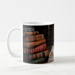Old books, quill pen and vintage inkwell on wooden coffee mug