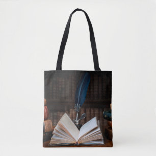 Old books, quill pen and vintage inkwell on wooden tote bag