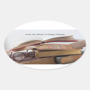 Old books with glasses oval sticker