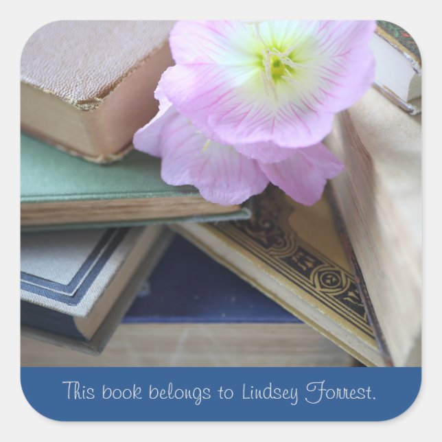 Old books with primroses bookplate square sticker (Front)
