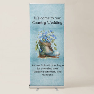 Old Boot Filled With Blue Flowers Wedding Welcome Retractable Banner