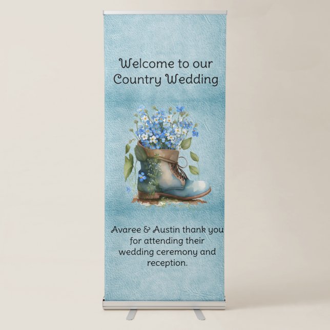 Old Boot Filled With Blue Flowers Wedding Welcome  Retractable Banner (Front)
