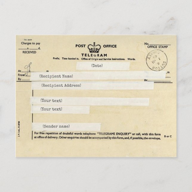Old British post office telegram (Customisable) Postcard (Front)