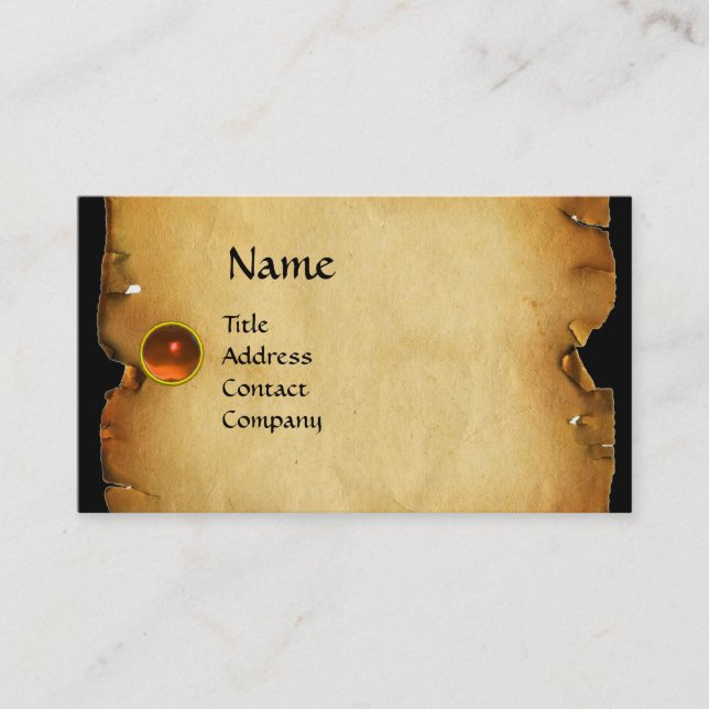 OLD BROWN PARCHMENT, GEM STONE, MONOGRAM orange Business Card (Front)