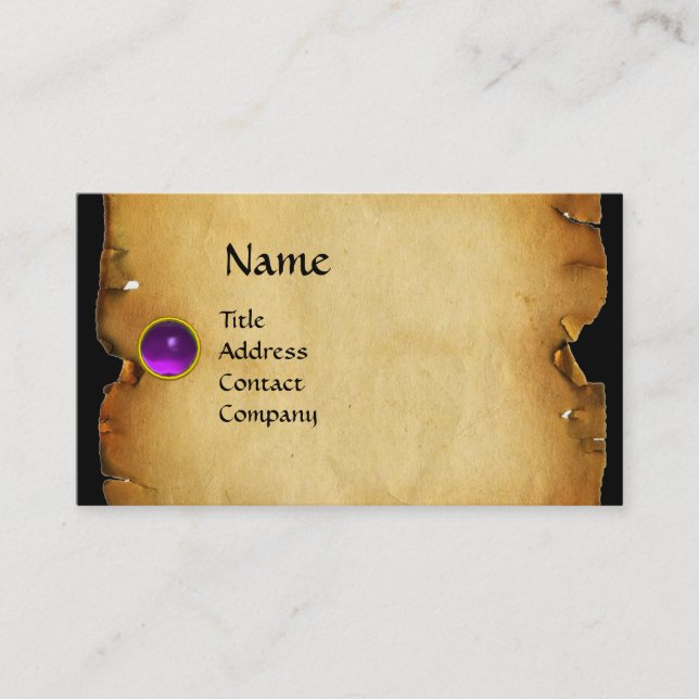 OLD BROWN PARCHMENT, GEM STONE, MONOGRAM purple Business Card (Front)