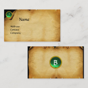 OLD BROWN PARCHMENT,GREEN GEMSTONE,MONOGRAM BUSINESS CARD