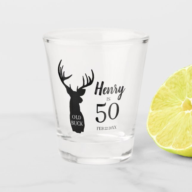 Old Buck 50th Birthday Can Cooler Shot Glass (Front)