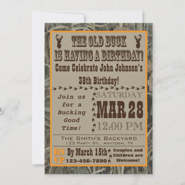 Old Buck Hunting Birthday Invitation with Camo (Front)