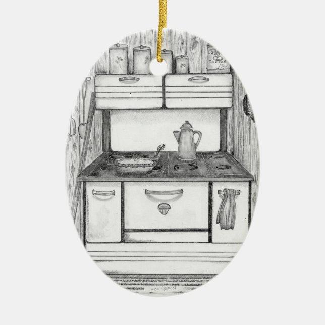 Old Cabin Stove Ceramic Tree Decoration (Front)