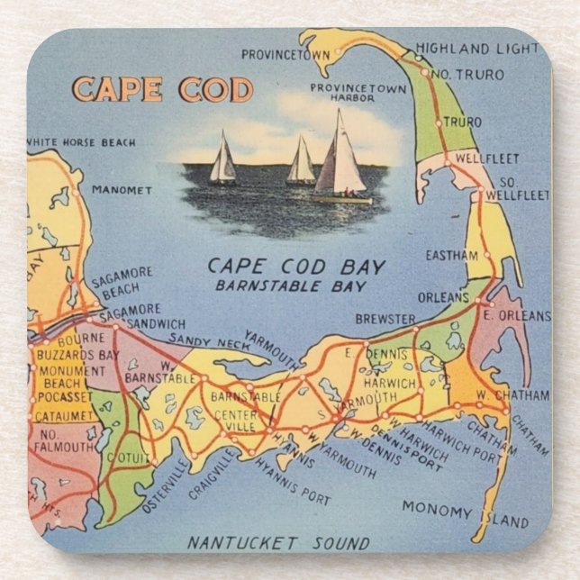 Old Cape Cod Massachusetts Map Coaster (Front)