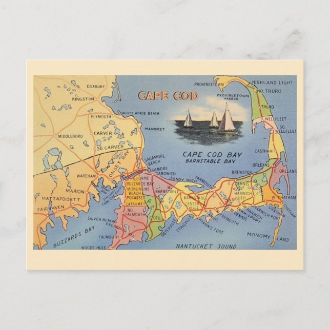 Old Cape Cod Massachusetts Map Postcard (Front)
