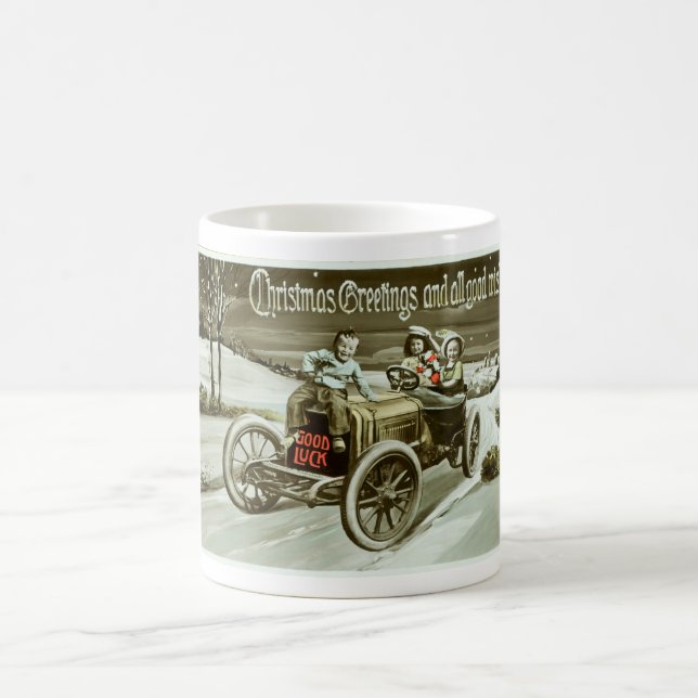 Old car and children vintage art coffee mug (Center)