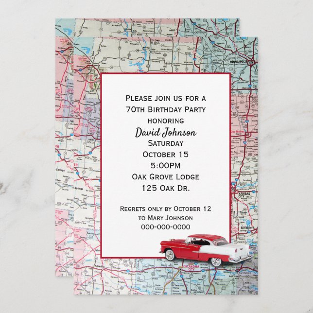 Old Car on Map 70th Birthday Invitation (Front/Back)