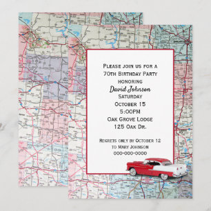 Old Car on Map 70th Birthday Invitation