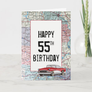Old Car on Road Map 55th Birthday  Card