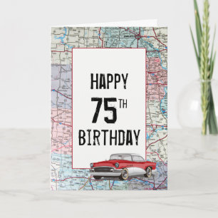 Old Car on Road Map 75th Birthday   Card