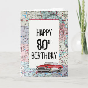 Old Car on Road Map 80th Birthday Card