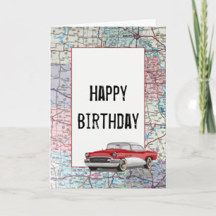 Old Car on Road Map Birthday Card