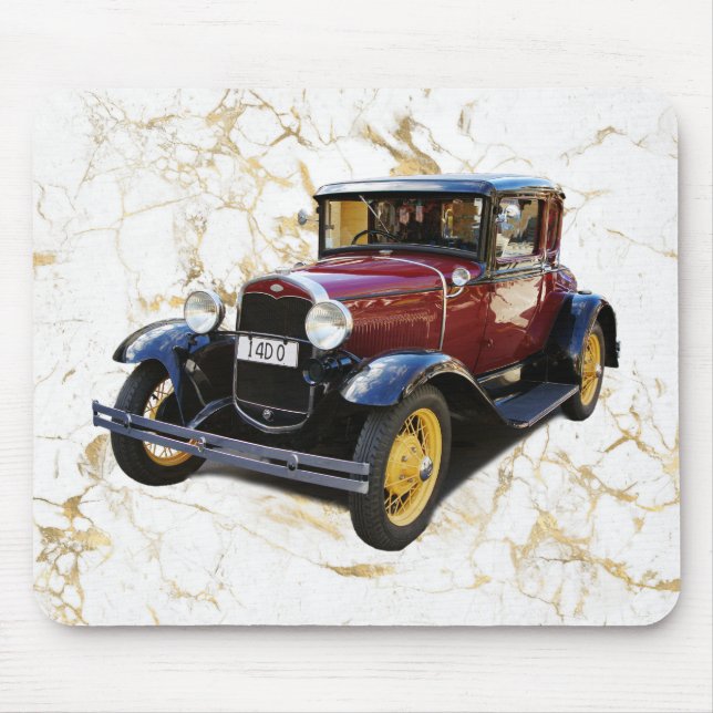 Old Car on White & Gold Marble Mouse Mat (Front)