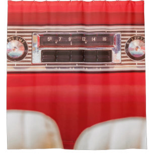 Old car radio inside a red classic American car wi Shower Curtain