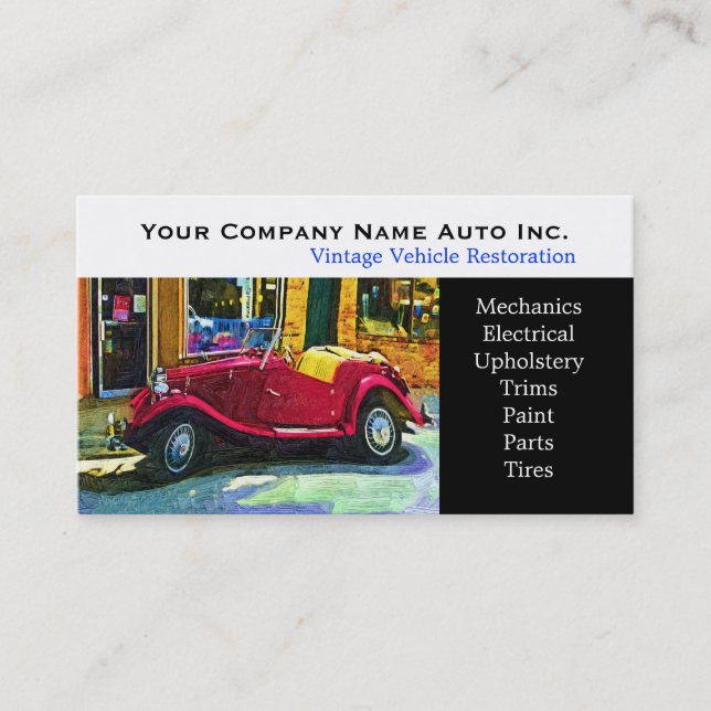 Old Car Repair Shop - Restorations Business Card (Front)
