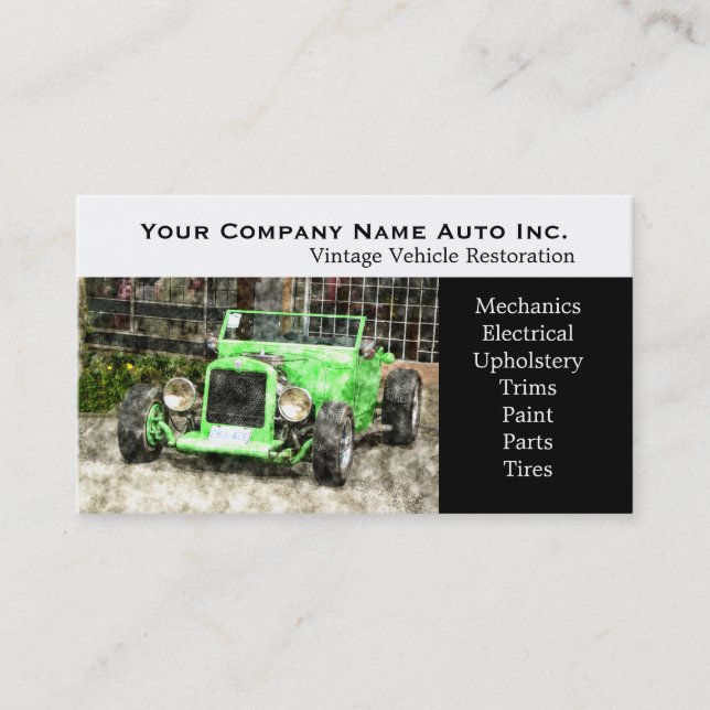 Old Car Repair Shop - Restorations Business Card (Front)
