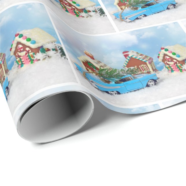 Old Car with Christmas Gingerbread House Wrapping Paper (Roll Corner)