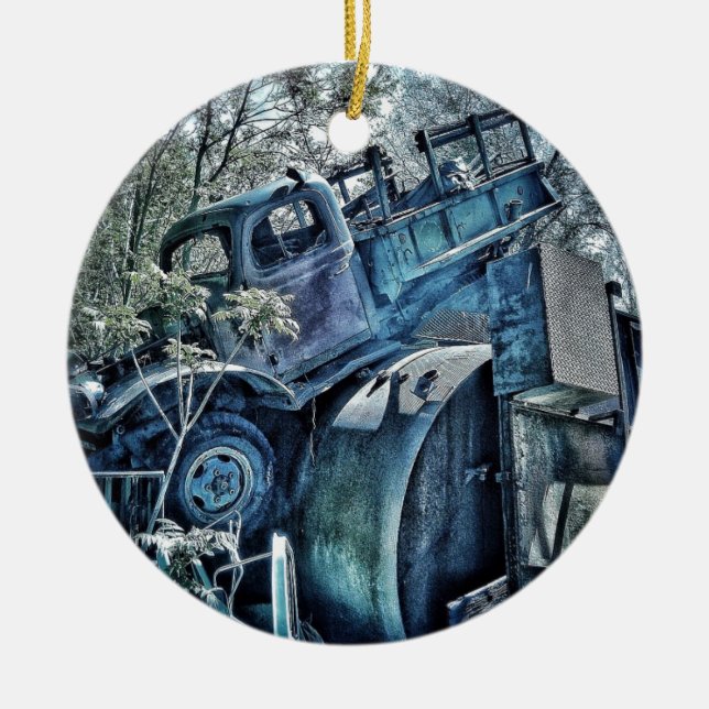 Old cars and junk yards, retro 01 ceramic tree decoration (Front)