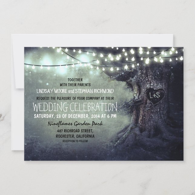 old carved tree twinkle lights rustic wedding invitation (Front)