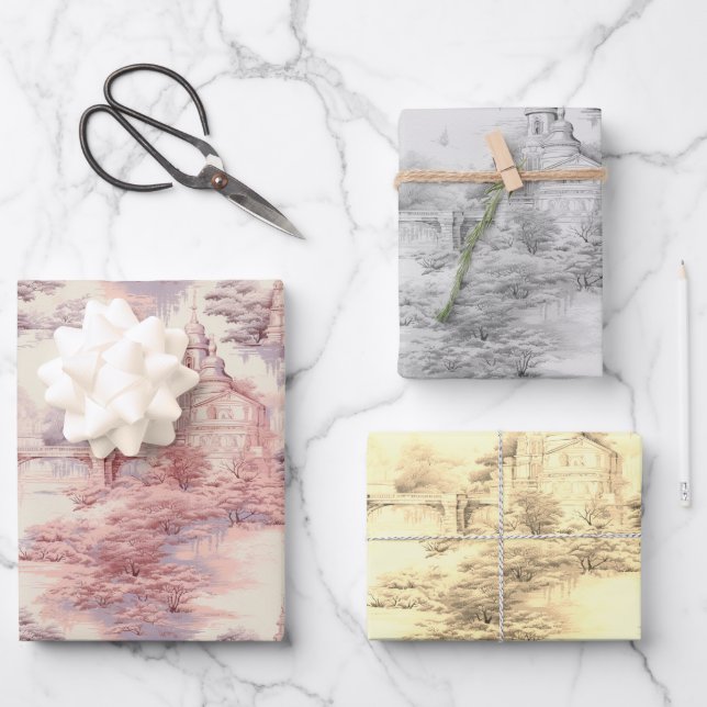 Old Castle Modern Red Toile de Jouy pattern Wrapping Paper Sheet (Front)