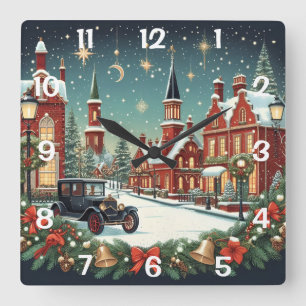 Old Christmas Village Square Wall Clock