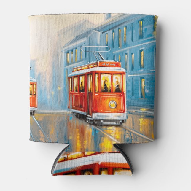 Old City Tram Oil Painting Can Cooler (Front)