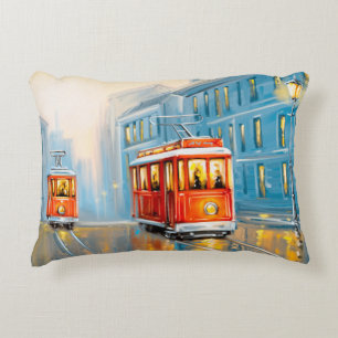 Old City Tram Oil Painting Decorative Cushion