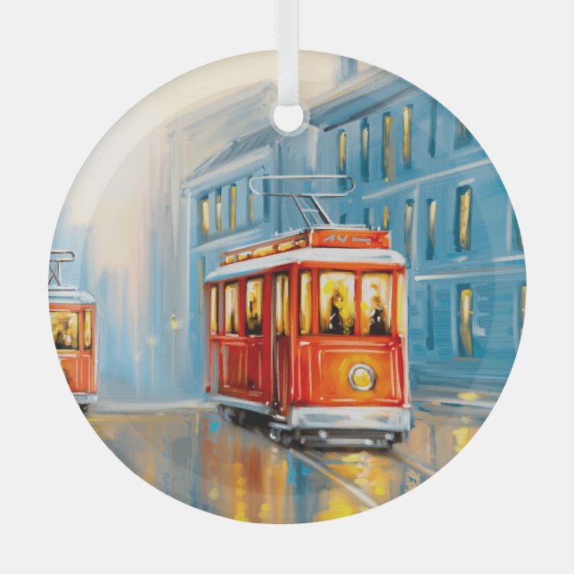 Old City Tram Oil Painting Glass Tree Decoration (Front)