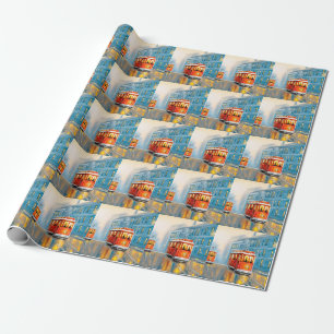 Old City Tram Oil Painting Wrapping Paper