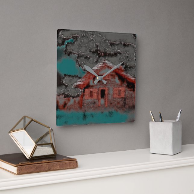Old clay house with drizzled motion, under clouds  square wall clock (Office)