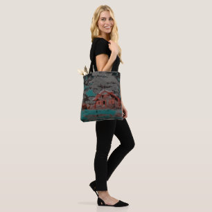 Old clay house with drizzled motion, under clouds tote bag