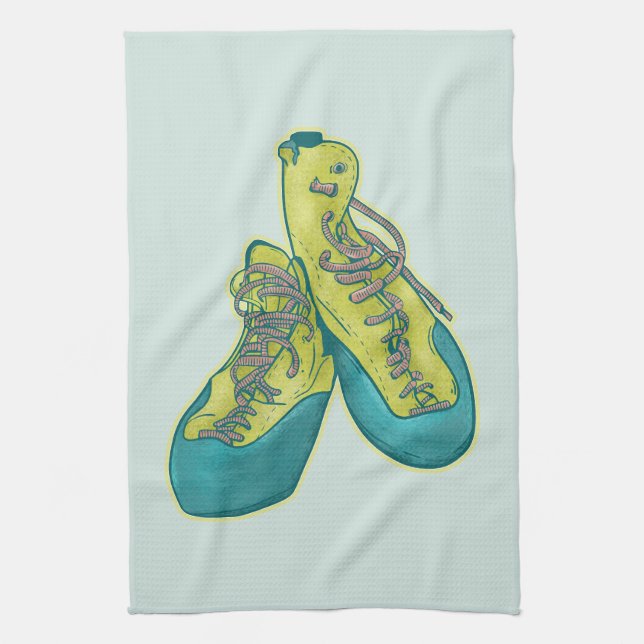 Old climbing shoes rock climbing tea towel (Vertical)
