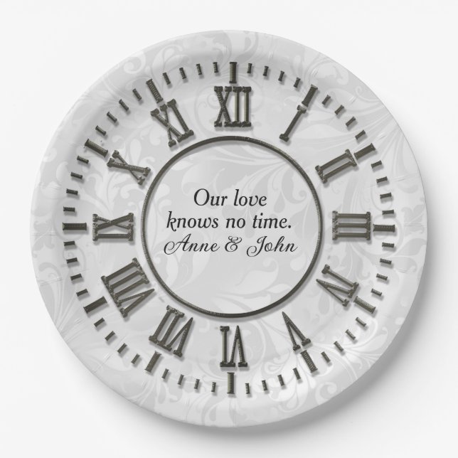Old Clock With No Hands Damask Satin Paper Plate (Front)
