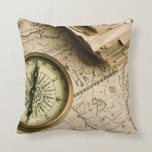 Old Compass Over Ancient Map Cushion
