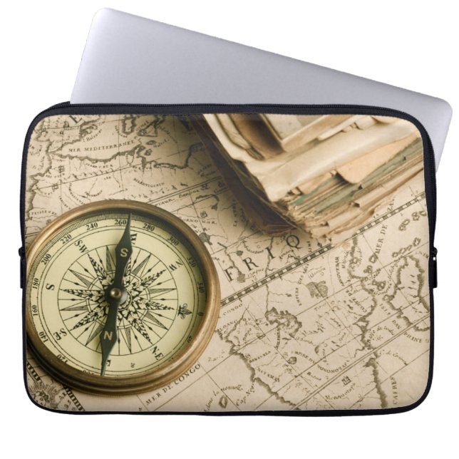 Old Compass Over Ancient Map Laptop Sleeve (Front)