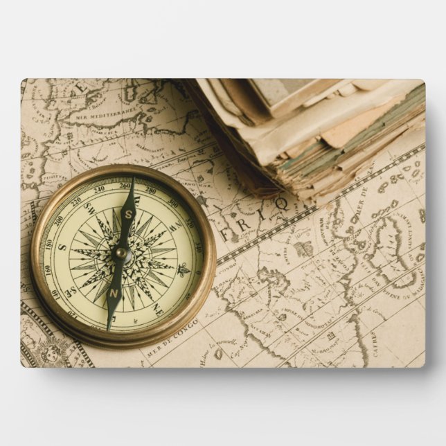 Old Compass Over Ancient Map Plaque (Front)