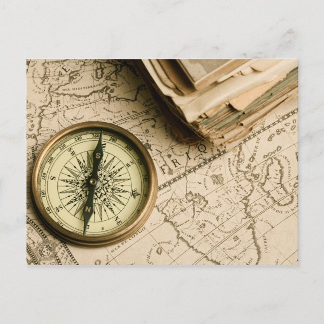 Old Compass Over Ancient Map Postcard (Front)
