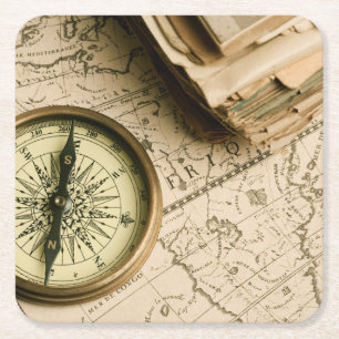 Old Compass Over Ancient Map Square Paper Coaster