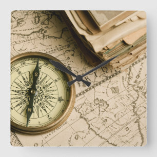Old Compass Over Ancient Map Square Wall Clock
