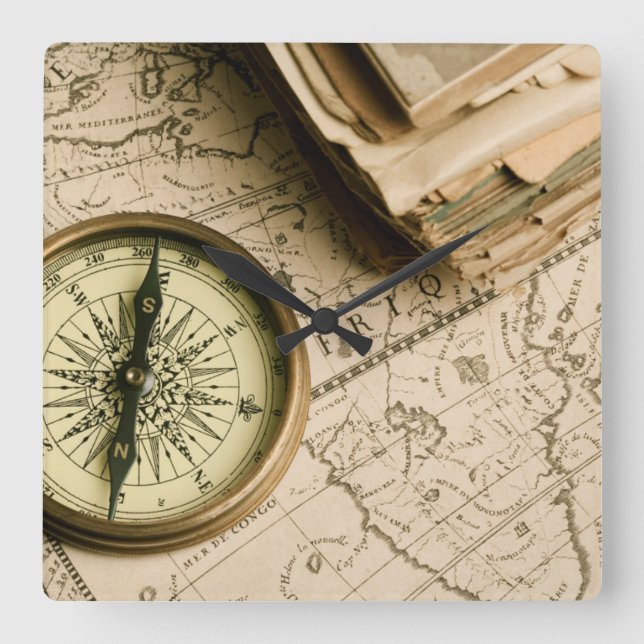 Old Compass Over Ancient Map Square Wall Clock (Front)