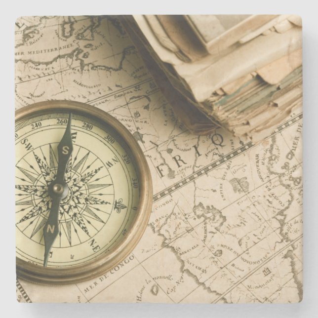 Old Compass Over Ancient Map Stone Coaster (Front)