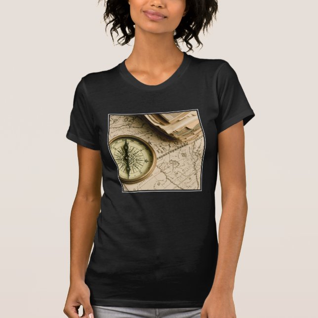 Old Compass Over Ancient Map T-Shirt (Front)